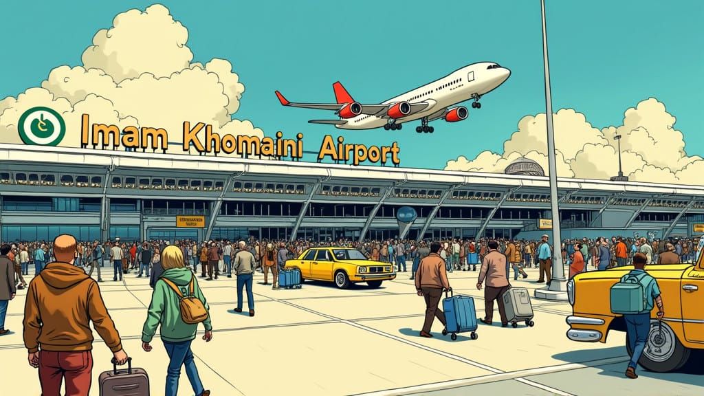 Comic Book Tehran Airport in Vibrant Ligne Claire Style