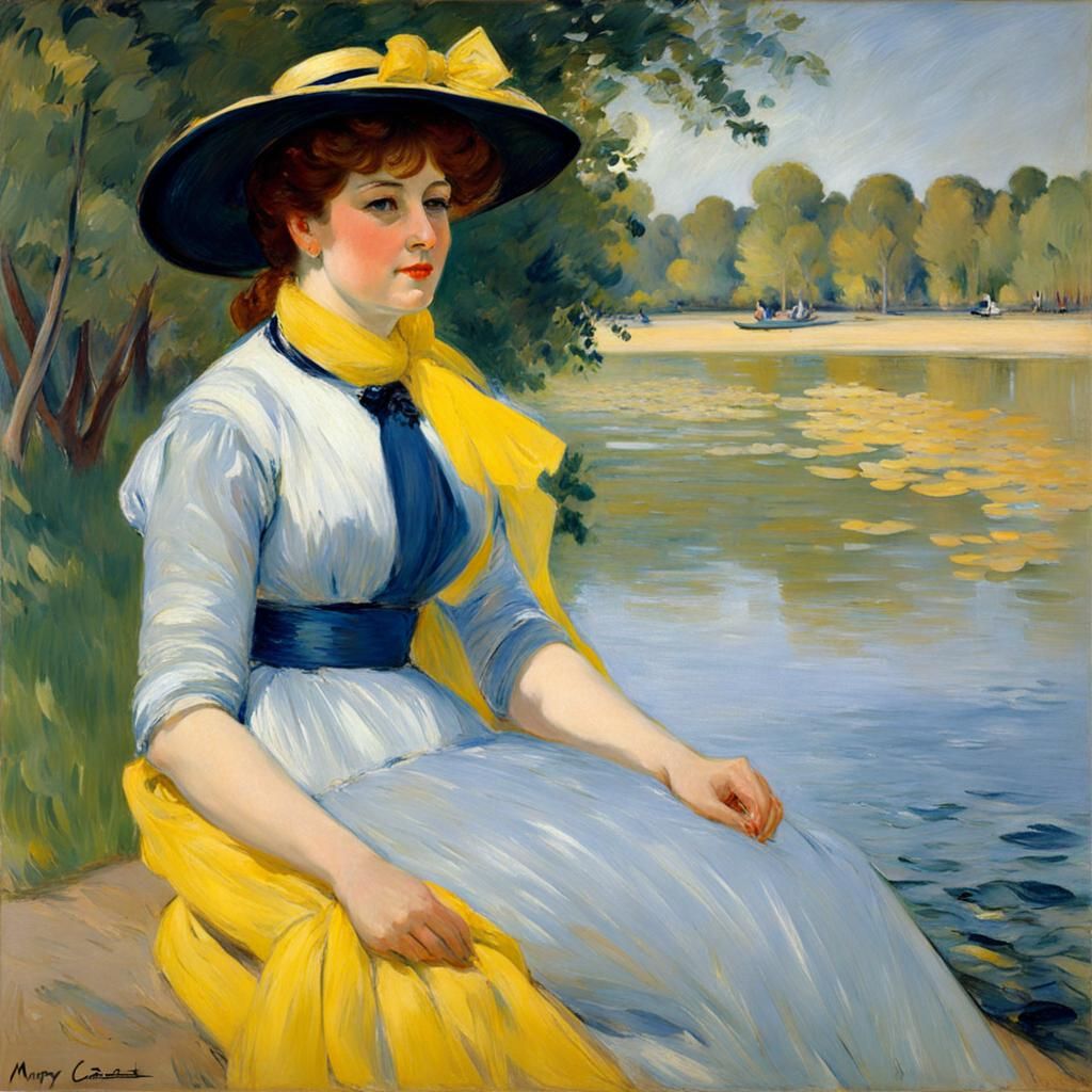 A very beautiful woman at the riverbank, blue dress, yellow scarf, by Mary Cassatt