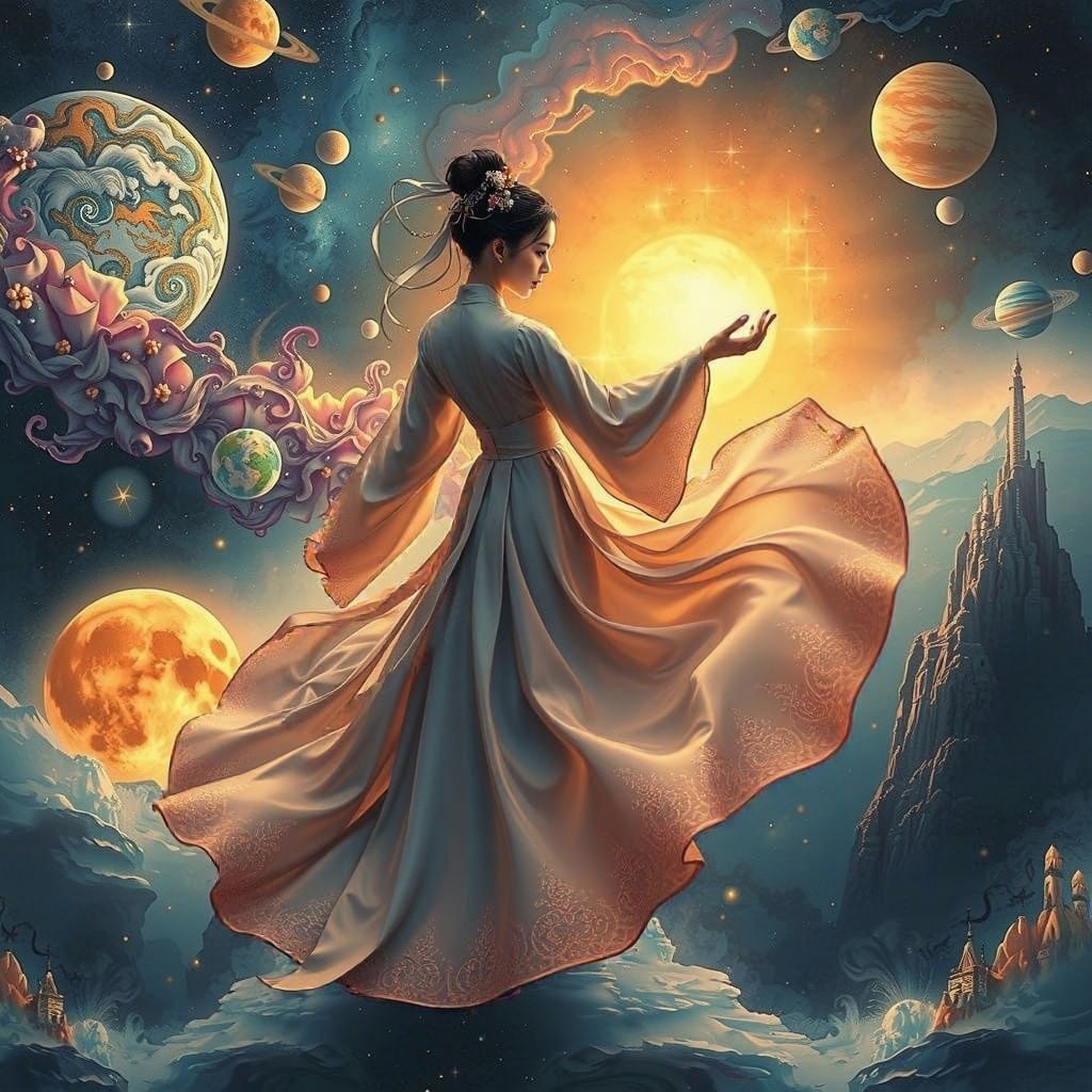 A celestial dreamscape where the universe feels alive—nebulae bloom like cosmic flowers across a starlit sky, swirling g...