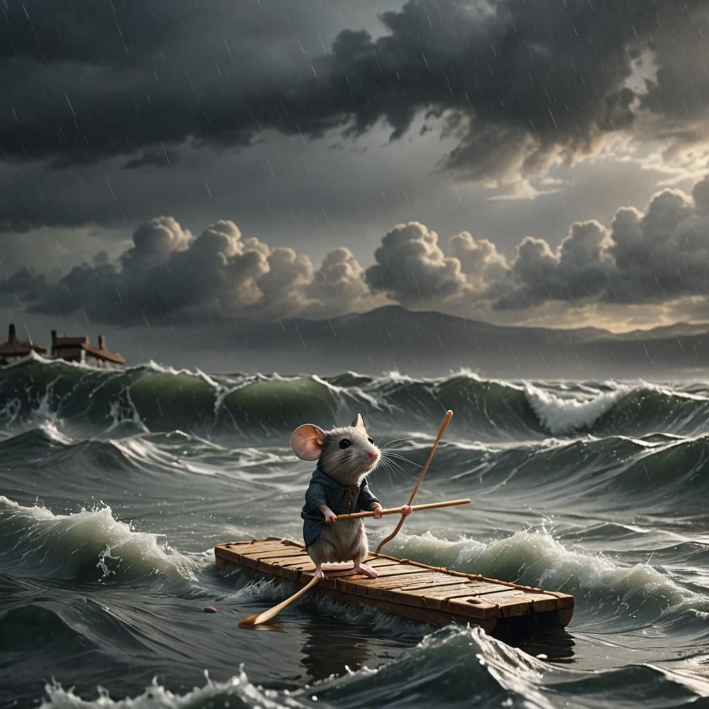 Mouse on Raft Navigating Stormy Sea: Digital Art