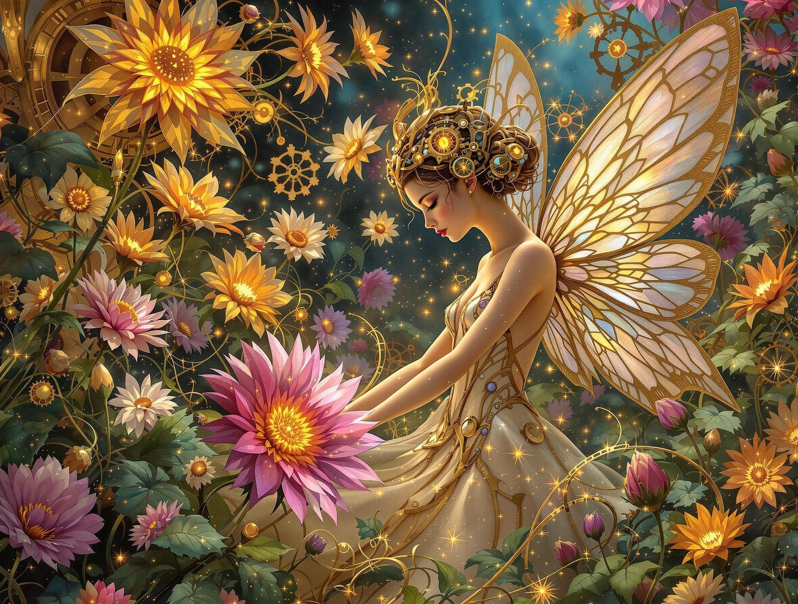 Whimsical Fairy Escapes Mechanical Blooms in Art Nouveau Gar...