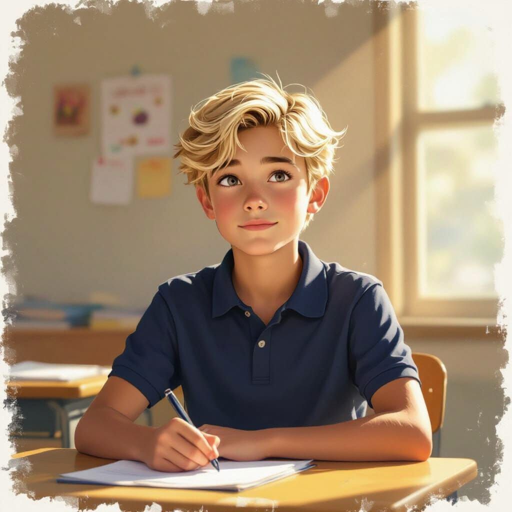 Thoughtful Boy Completing Homework In Sunlit Classroom