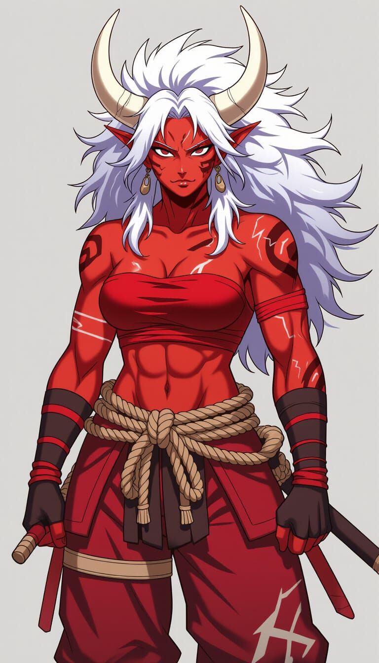 Towering Crimson Oni Warrior in Anime Style