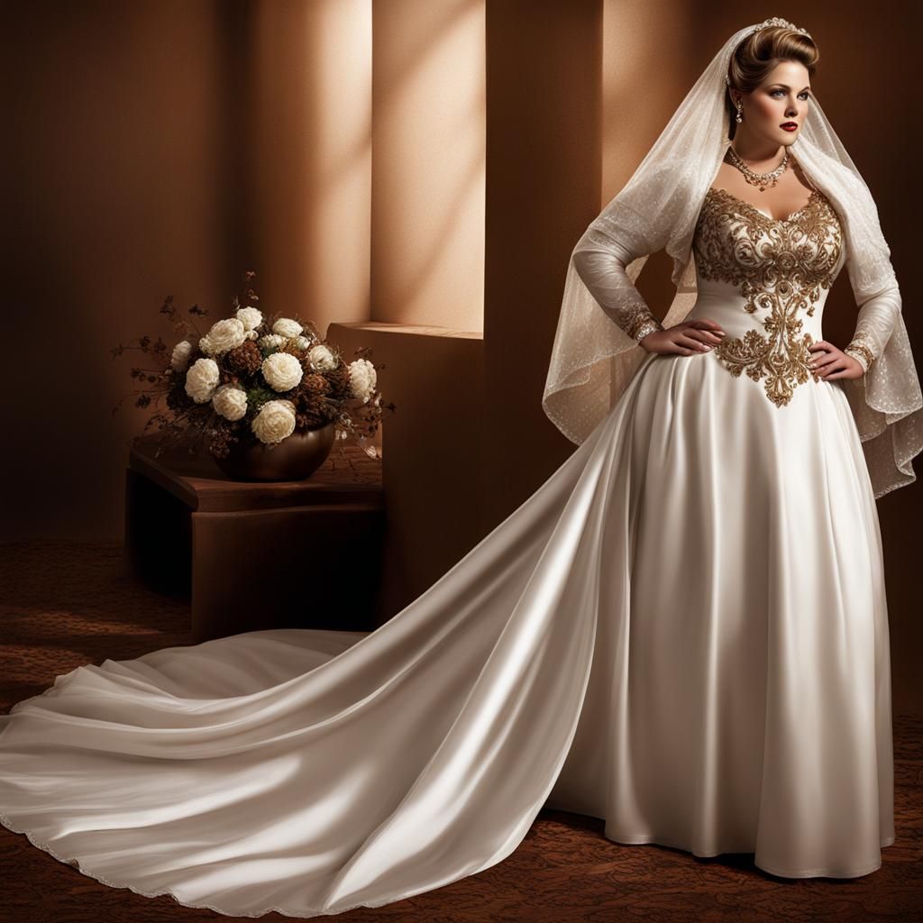 White Demure Statuesque Tall Big Beautiful Woman wearing Sissy Fantasy Brown Satin Modest Wedding Gown, Brown Satin Wedd...