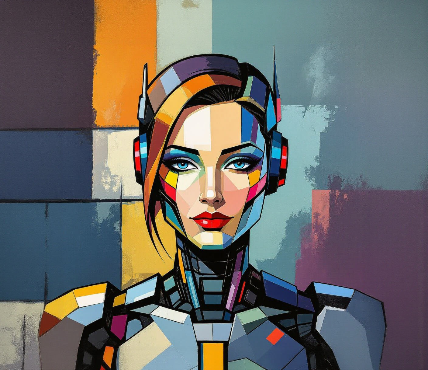 Cubist Masterpiece: Beautiful Robot in Cyberpunk City