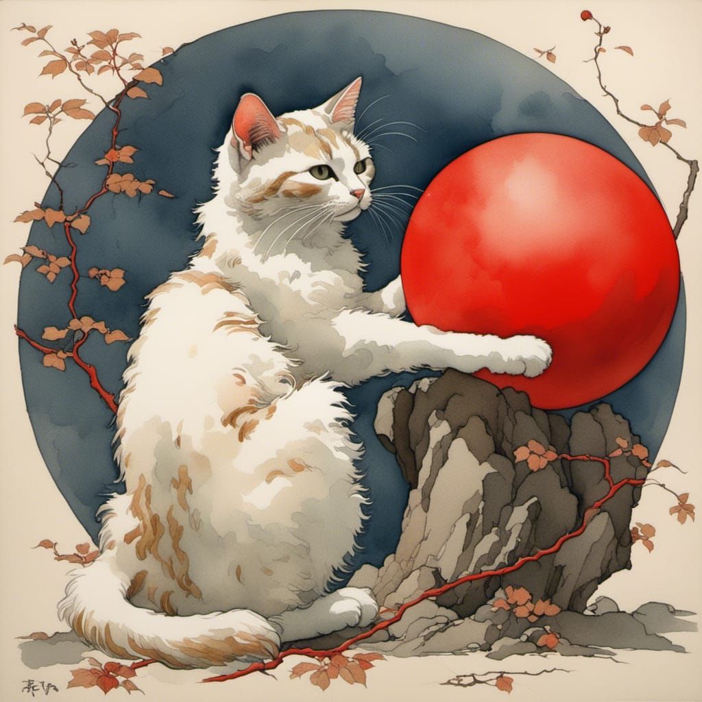 Burmese Cat Playing Ball in Watercolor Style