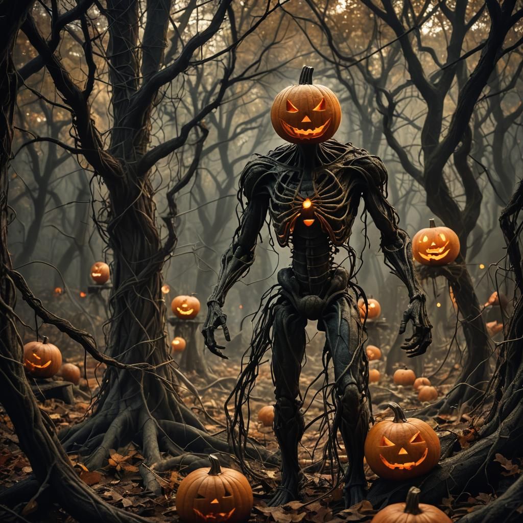Eerie Pumpkin Figure in Dark Fantasy Forest