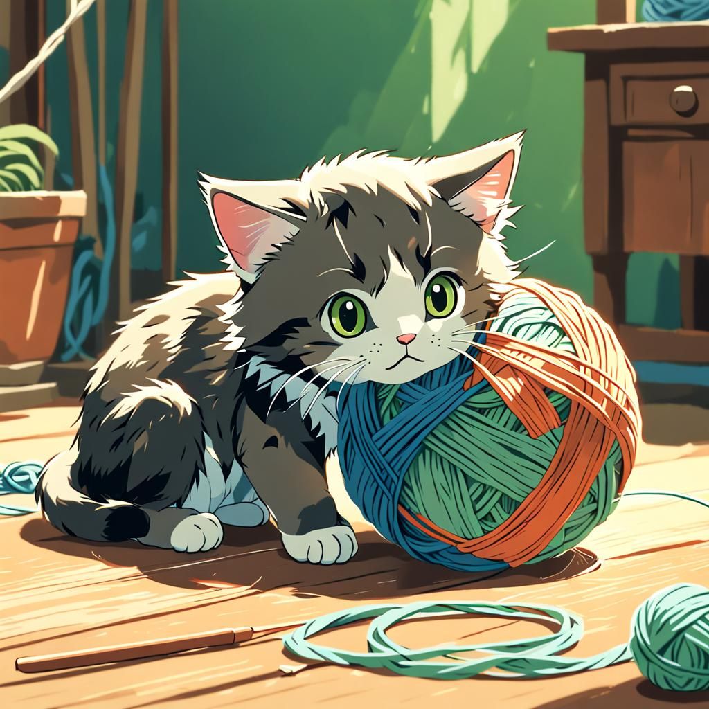Kitten with Yarn: Studio Ghibli Anime Visual