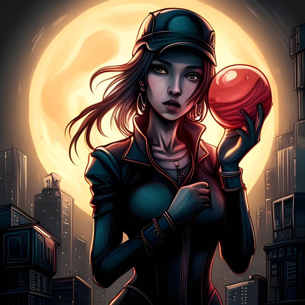 Dieselpunk Neon Girl Holding Orb in Manga Art Style
