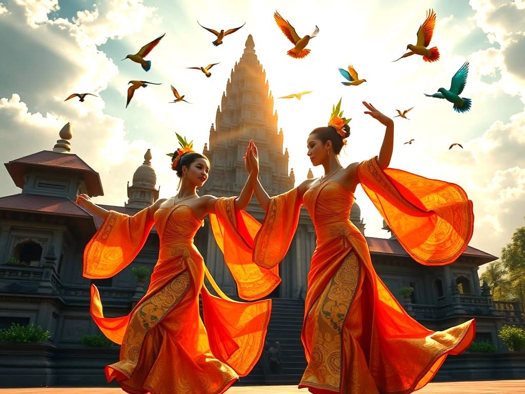 Ethereal Balinese Dancers Dance Before Temple in Vibrant Col...