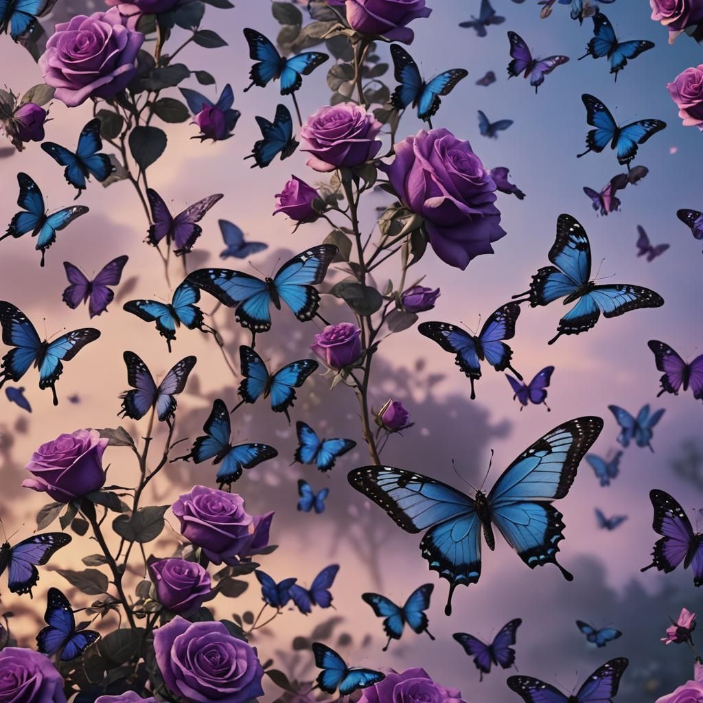 Detailed Butterfly with Purple Roses at Dawn
