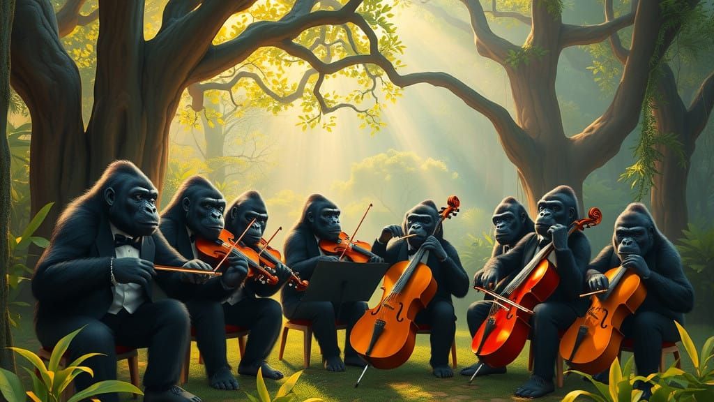 Gorillas in Elegant Attire Unite in Lush Jungle Orchestra