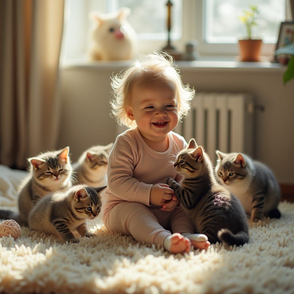 Joyful Playtime with a Toddler and Curious Cats in a Cozy Ho...