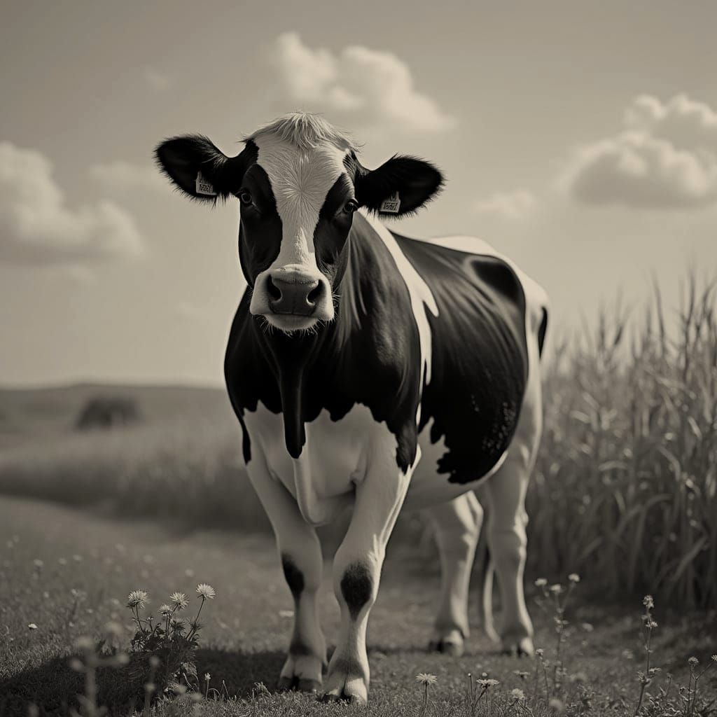 Black and White Portrait of a Confident Cow