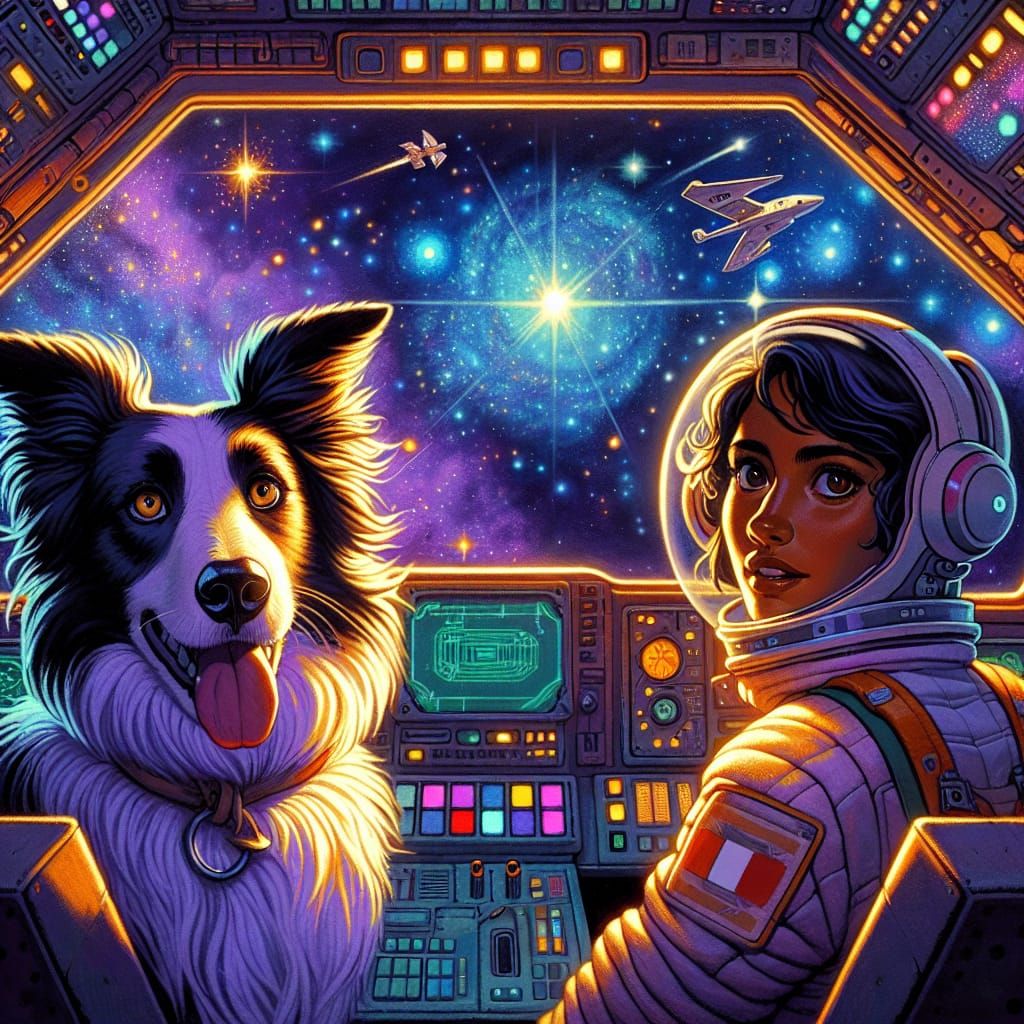 Girl and Collie Explore Space in Cartoon Style