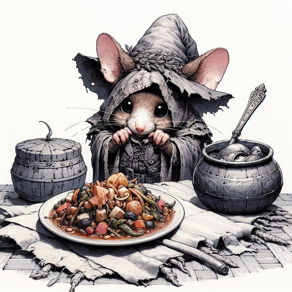 Mouse in Medieval Clothes Asks for Food
