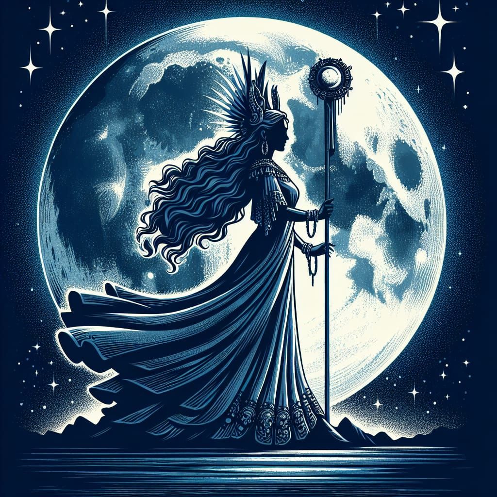 Goddess Metztli Illustration with Cobalt Night Sky