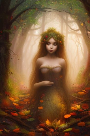 Whimsical Dryad with Autumn Leaves and Pixies