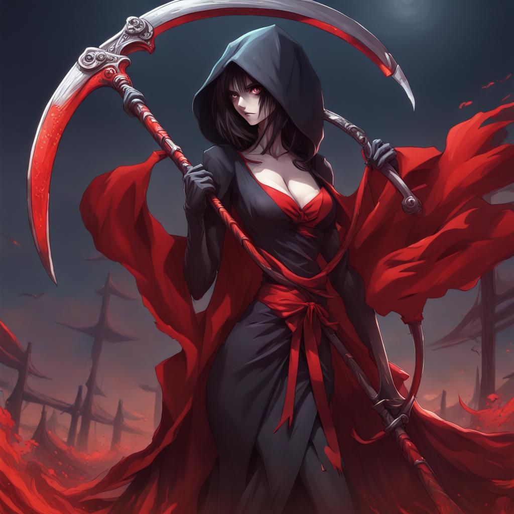 Anime Grim Reaper in Red Dress with Scythe