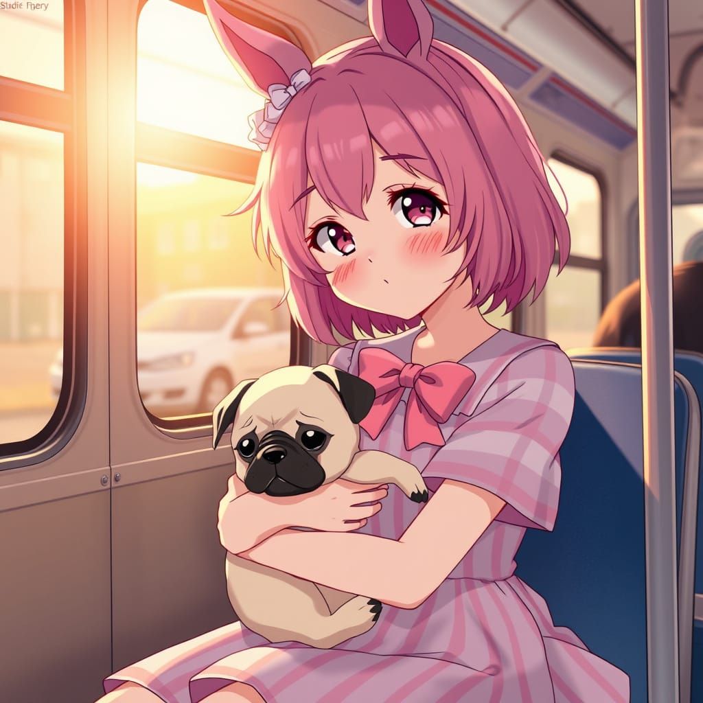Anime Girl on Bus with Pink Hair and Horse Ears