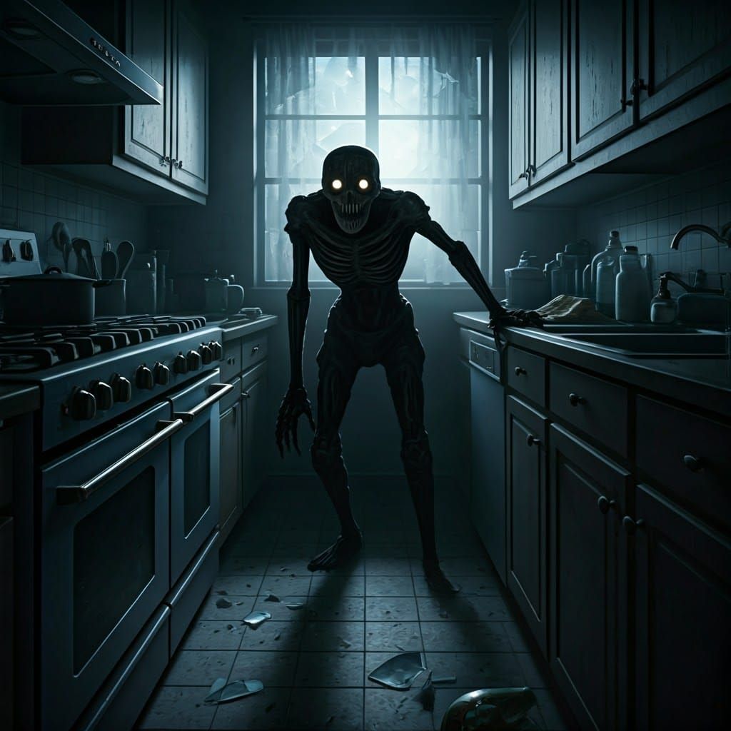 Night Terror in Dark Kitchen Lit by Moonlight