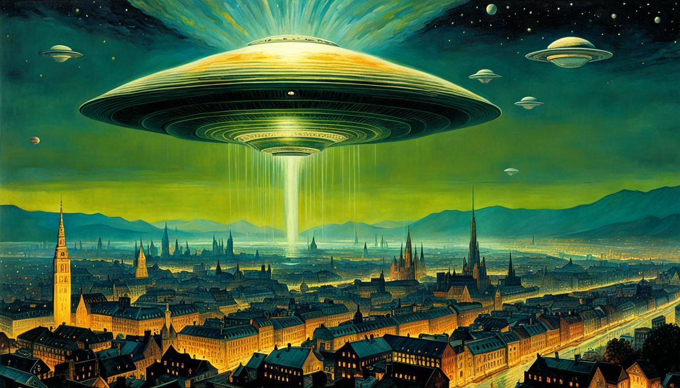 City Under Siege: UFO Invasion in Impasto Style