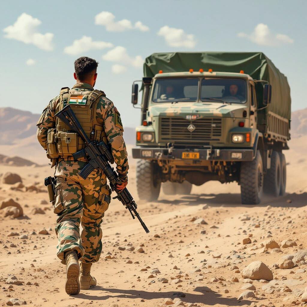 Soldier Walking Towards Military Truck in Gritty Realism