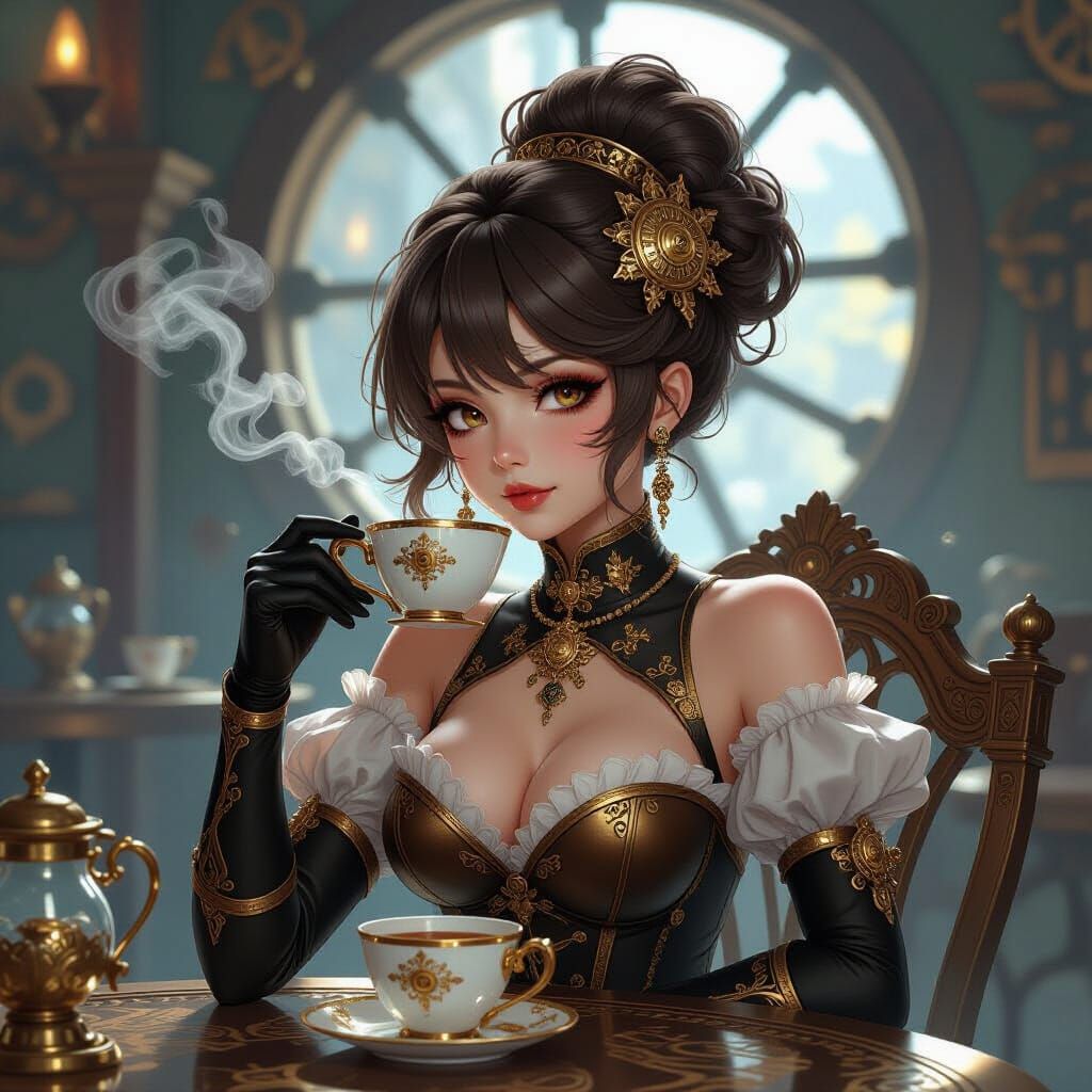 Splash art. Close-up. A steampunk anime girl with bronze ski...