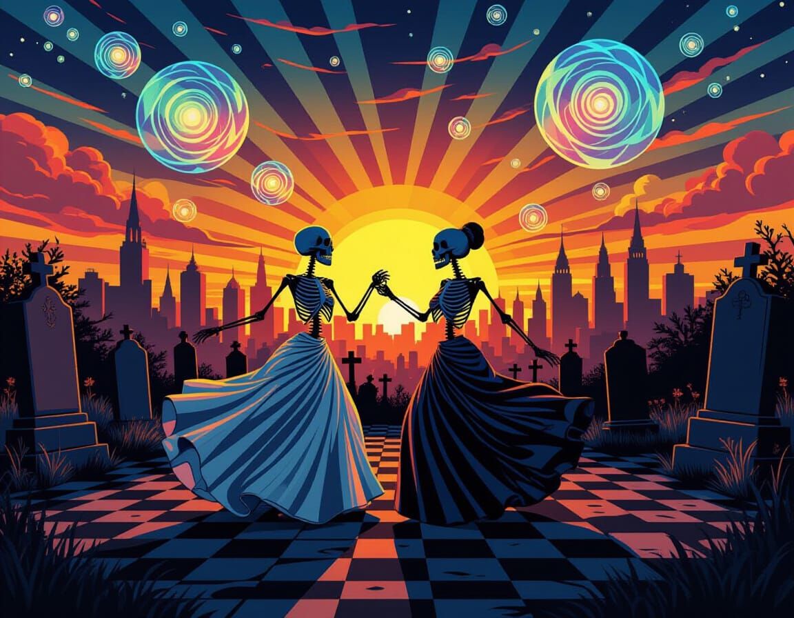 Skeletons Dancing in Graveyard Mosaic Cityscape