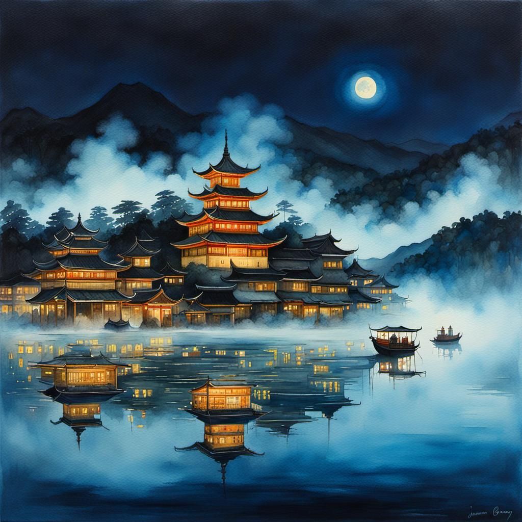 Hyperdetailed Asian Town Nightscape in Watercolor