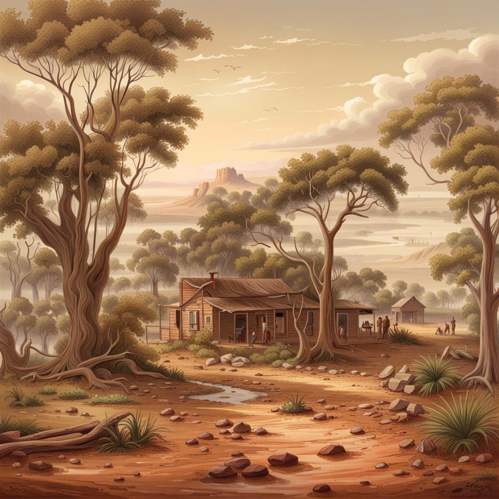 Australian Outback Station Landscape in 19th Century Style