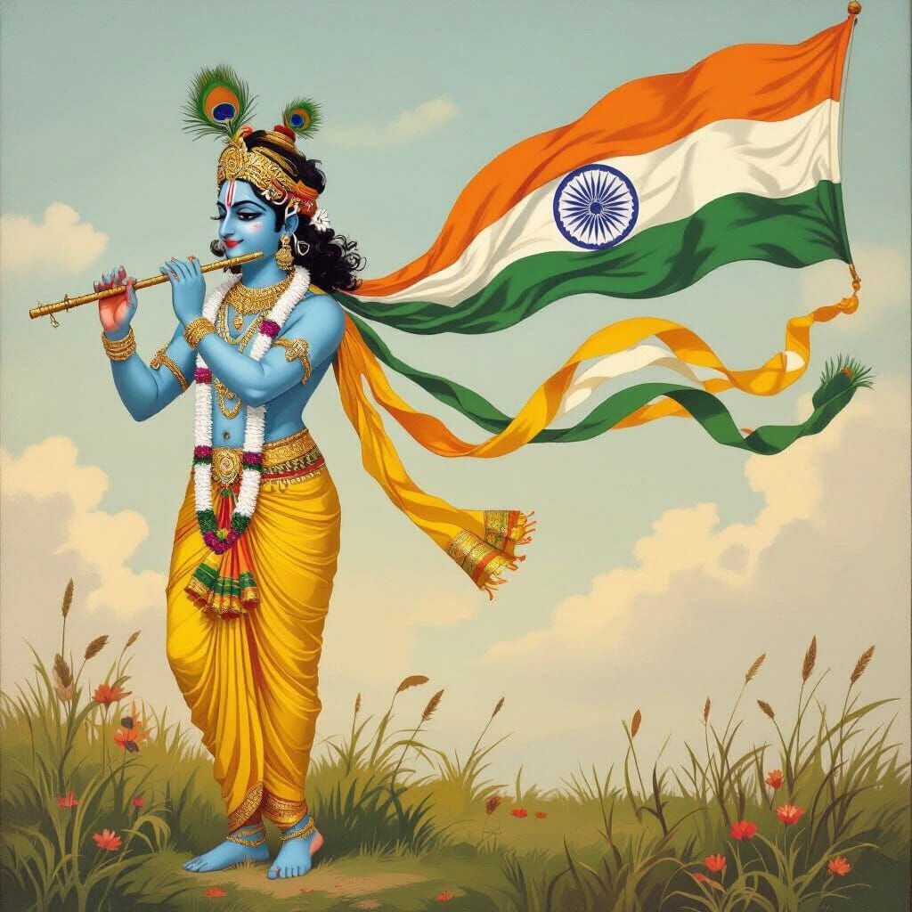 Krishna Playing Flute with Indian Flag Ribbons