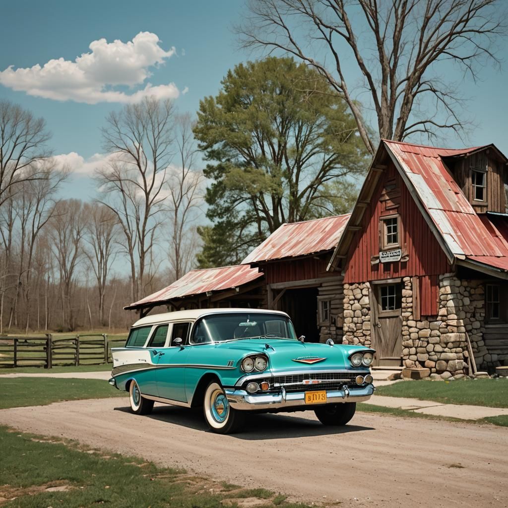 1958 Chevy Nomad Station Wagon on a Farm