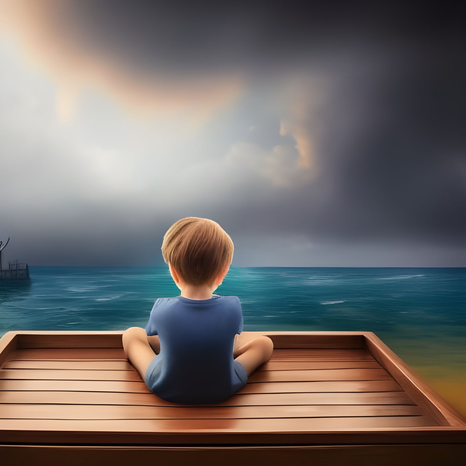 Boy Observes Clouds Over Ocean, Digital Painting