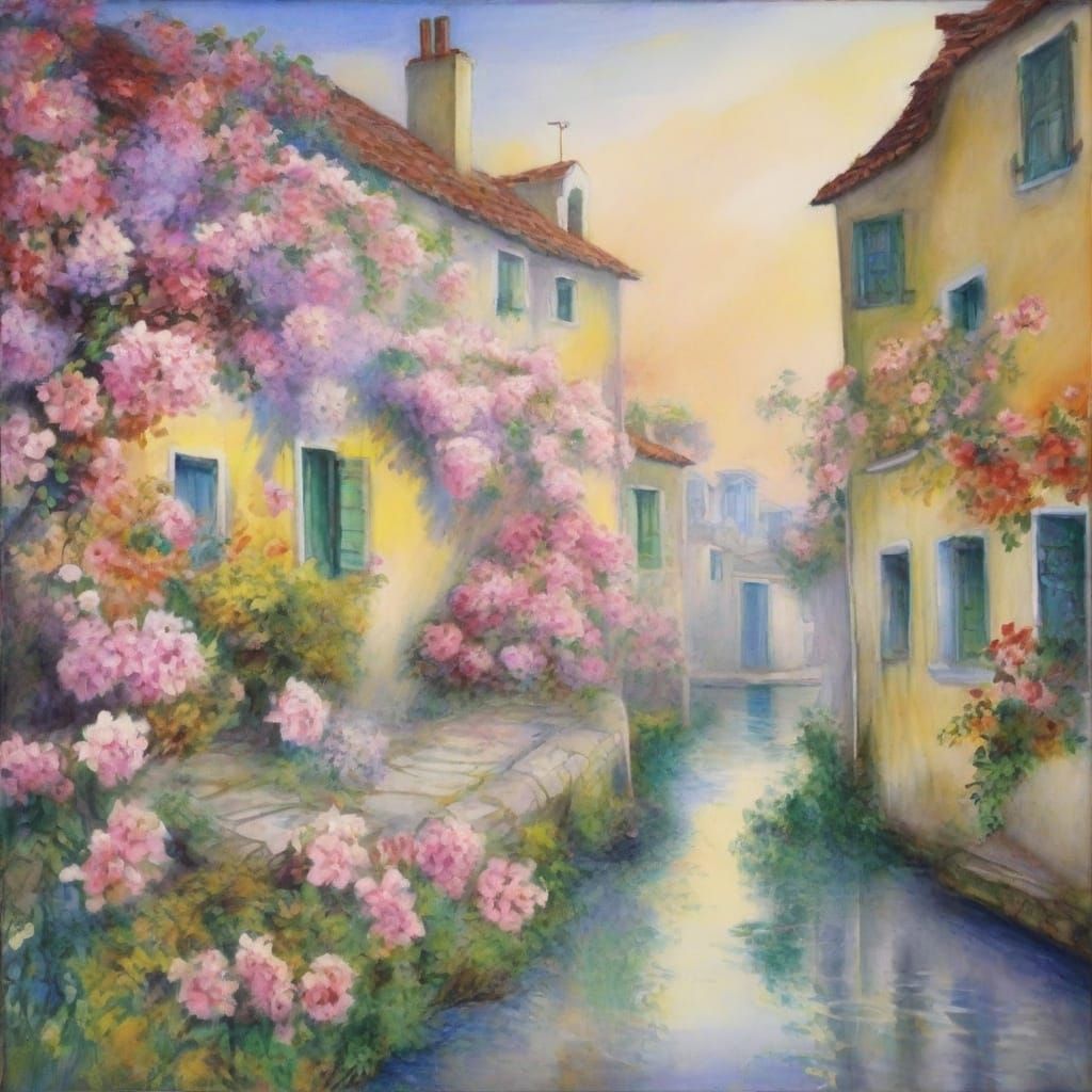 Surreal Watercolor Scene with Delicate Flowers and Soft Past...