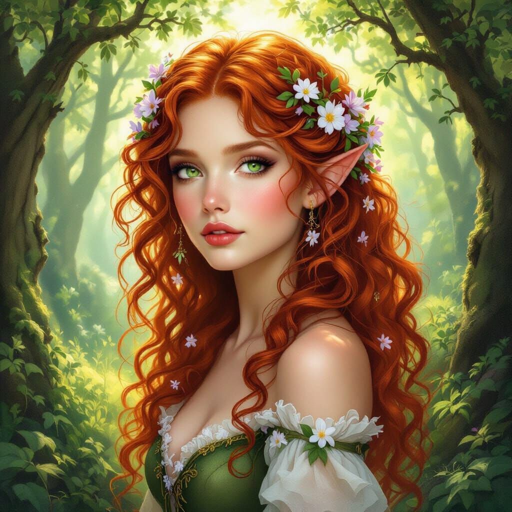 Fae Woman with Red Hair in Sunlit Forest as Painterly Art