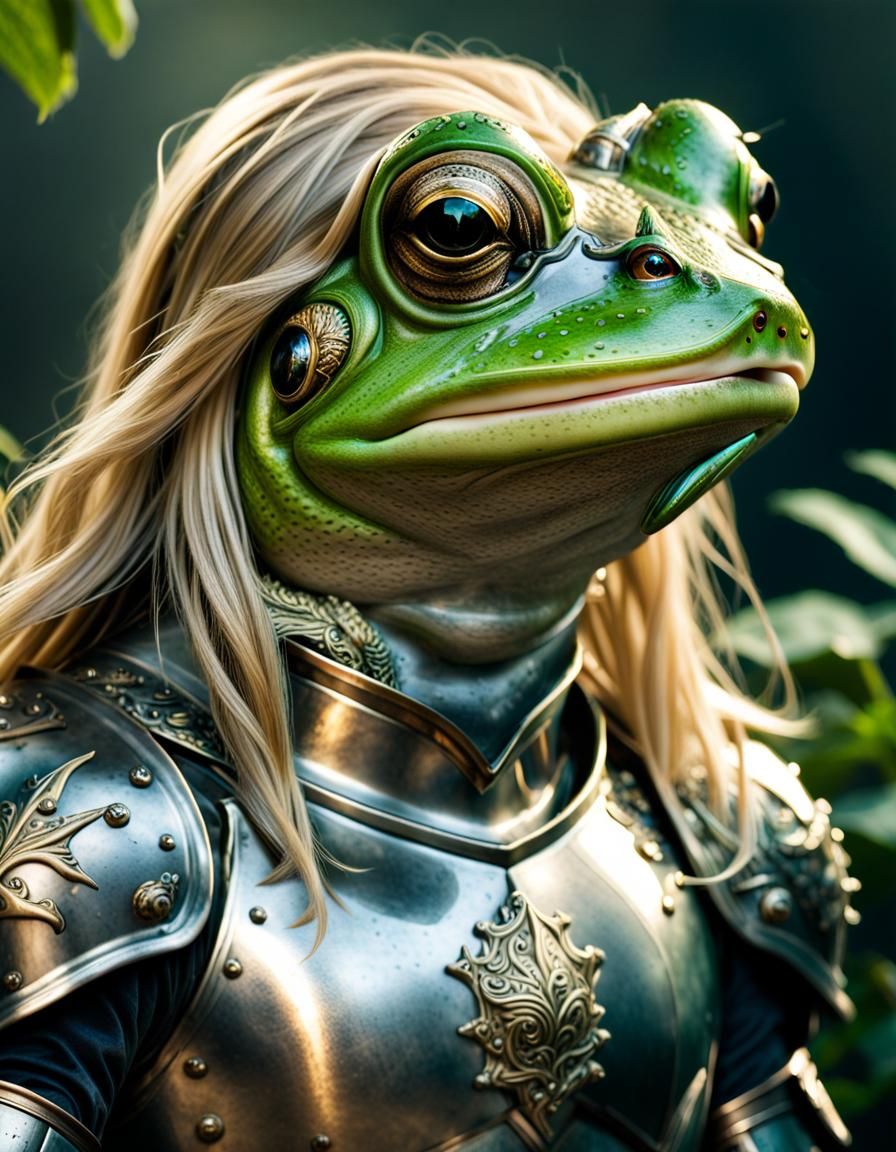 Armored Frog with Blond Hair, Hyperrealistic