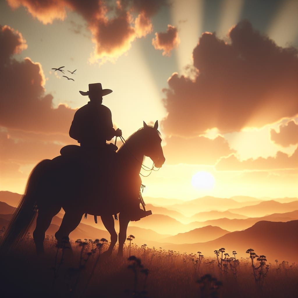Cowboy Silhouette Riding into Sunset, 3D Render