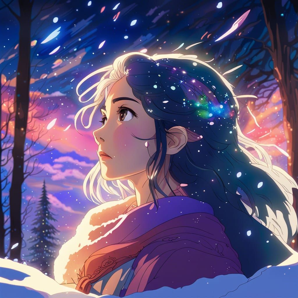Fairy Woman in Snowy Woods at Sunset