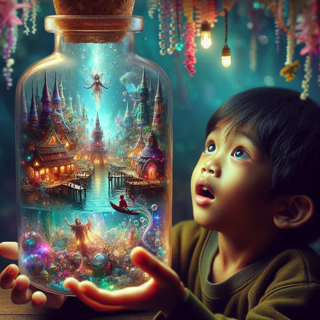 Whimsical Glass Bottle Harbor Realm with Enchanted South Asi...