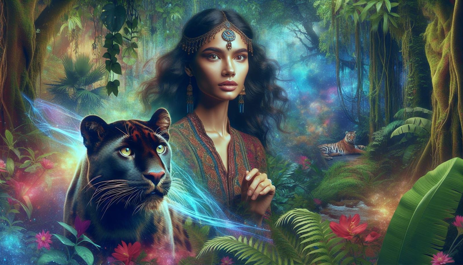 Enchanting Jungle Woman with Panther in Fantasy Setting