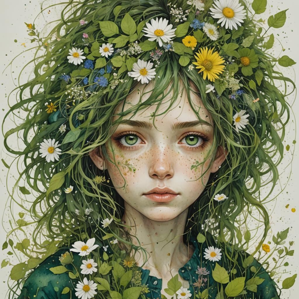 Green Earth Hair Girl with Flowers: Intricate Art