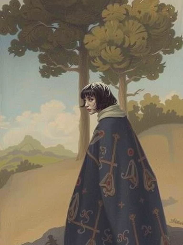 Woman in Oversized Sweater, Romanticism Style Landscape