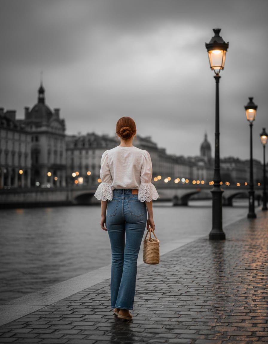 Woman Gazes at Cityscape by River in Vintage Photo Style