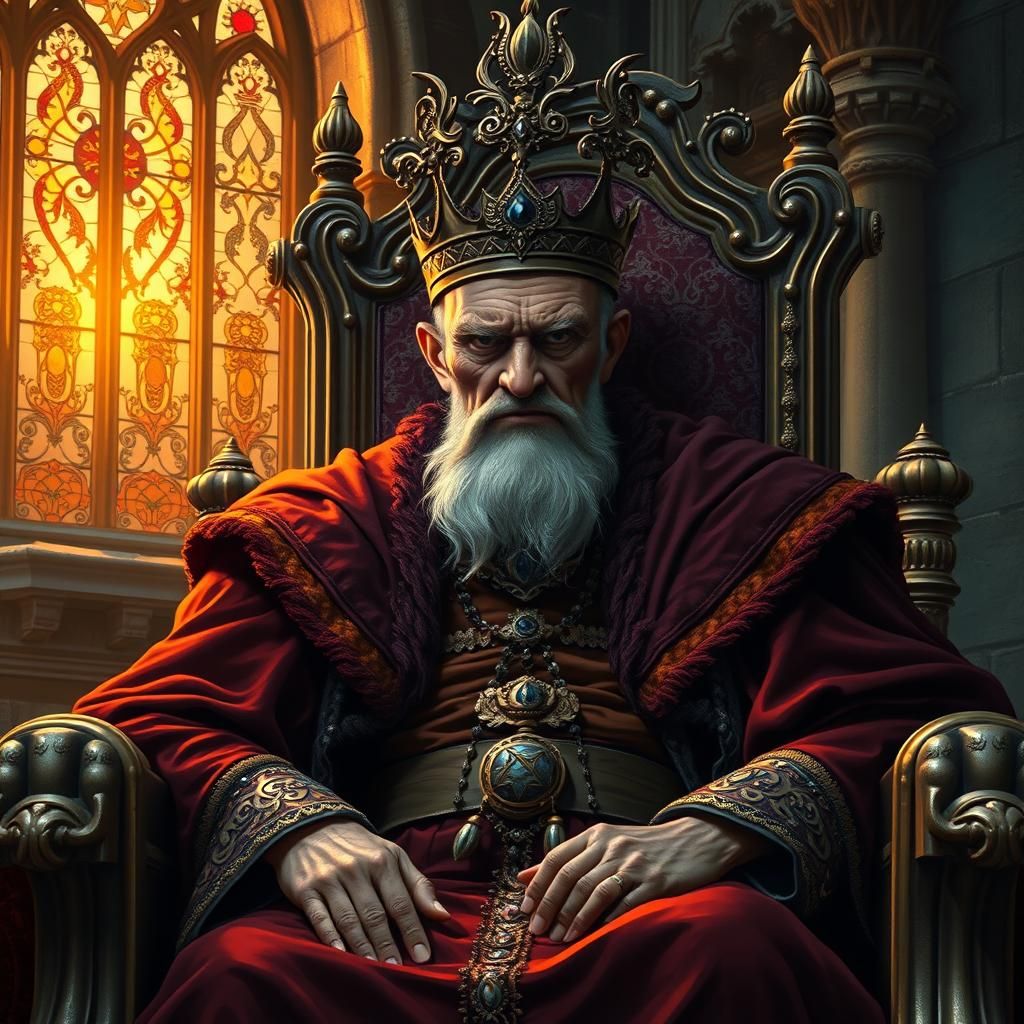 Grumpy Medieval King in Ornate Castle Interior