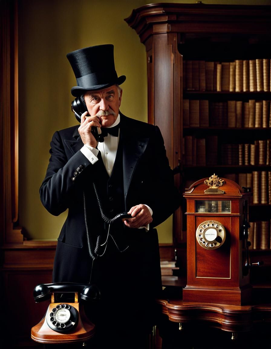Man in Frock Coat Using Rotary Telephone