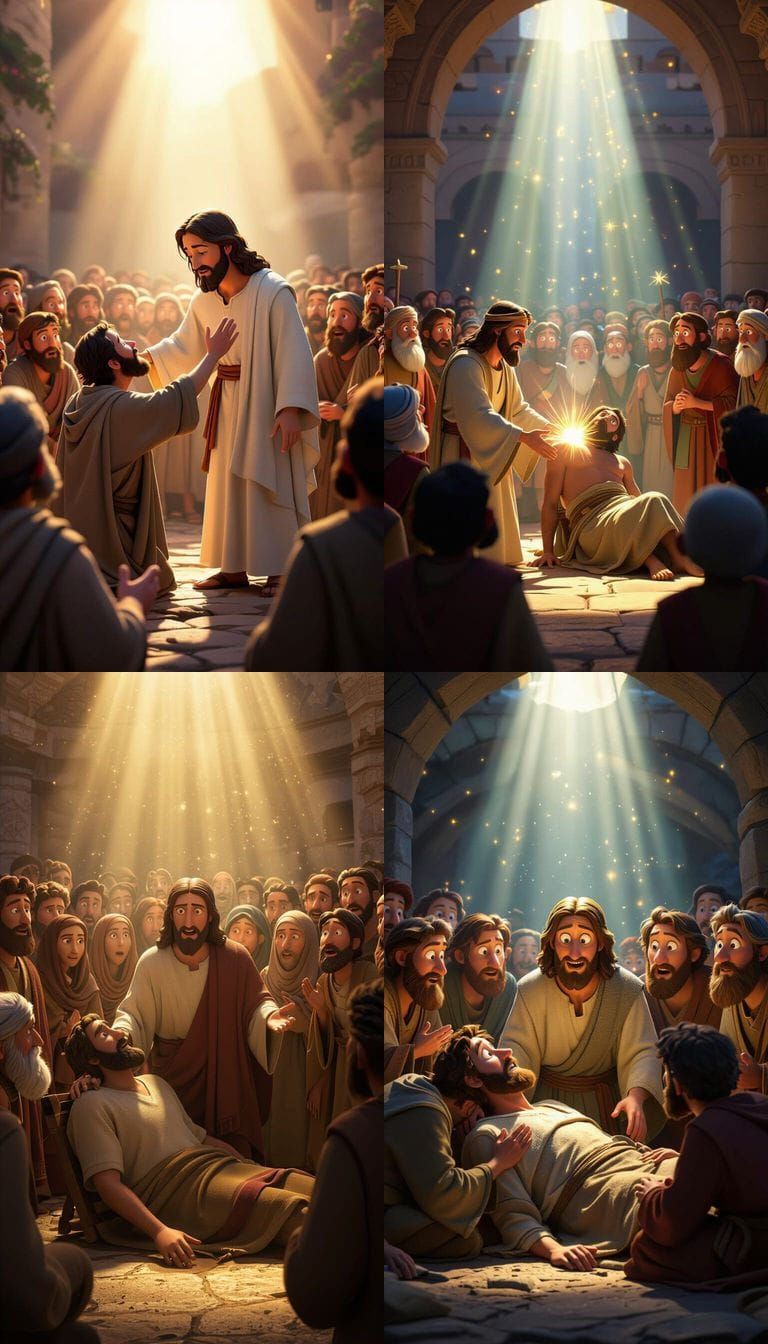 Jesus Heals Paralyzed Man in Pixar Style