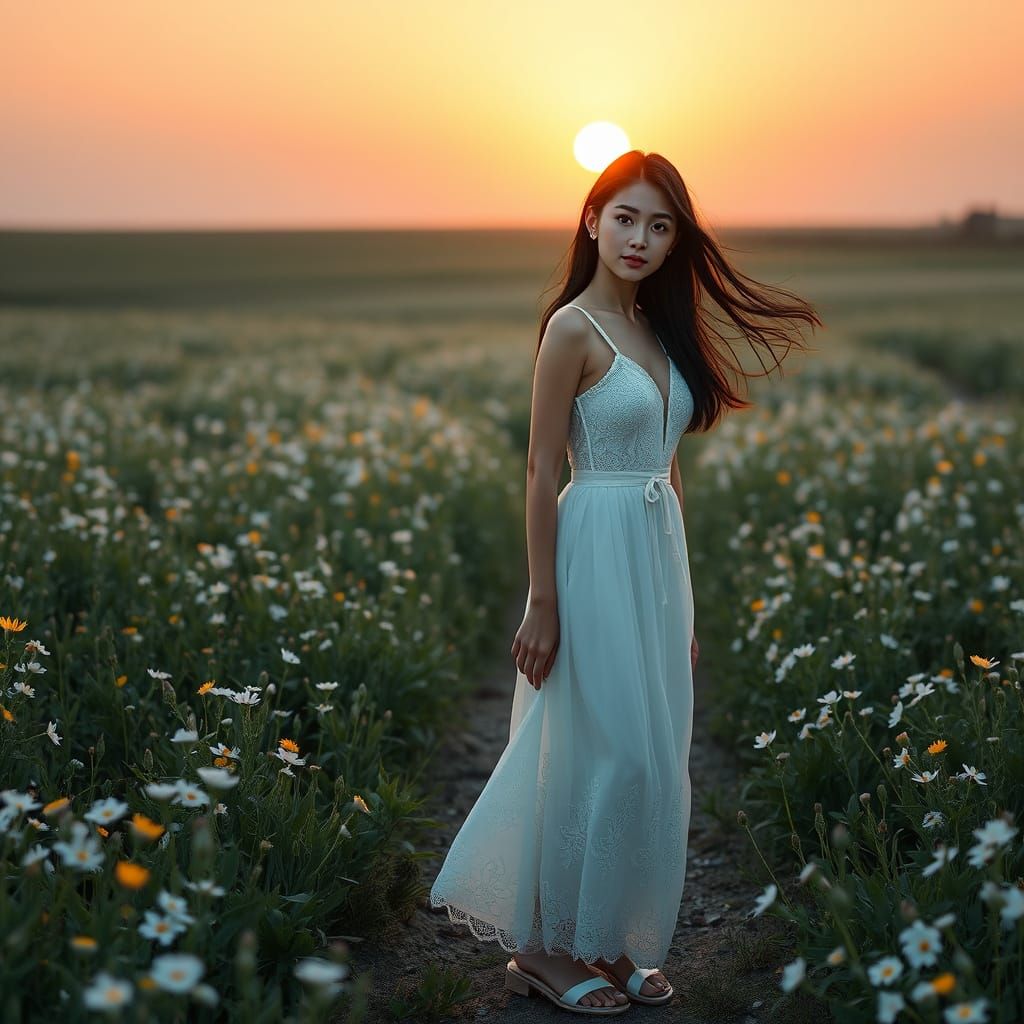 Japanese Woman in Wildflower Field at Dawn