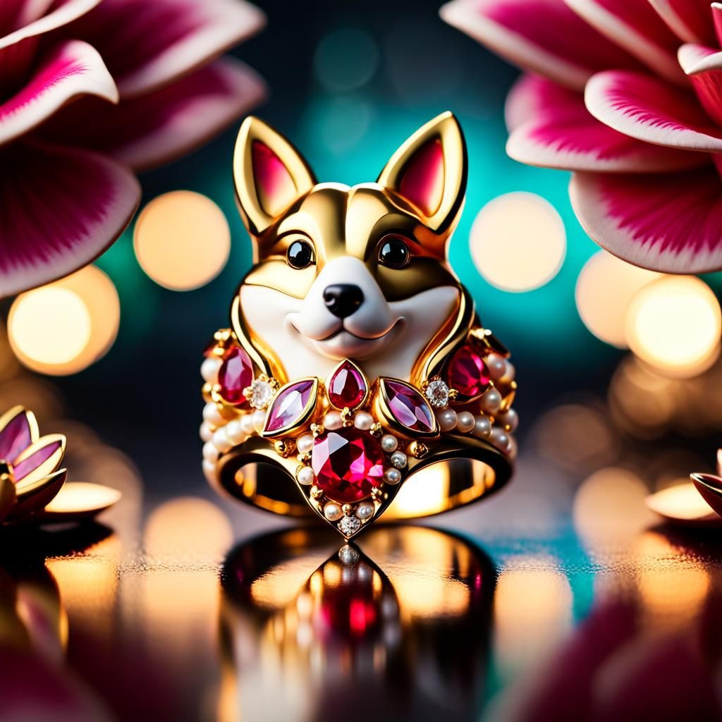 Art Deco Corgi Ring with Lotus Flowers