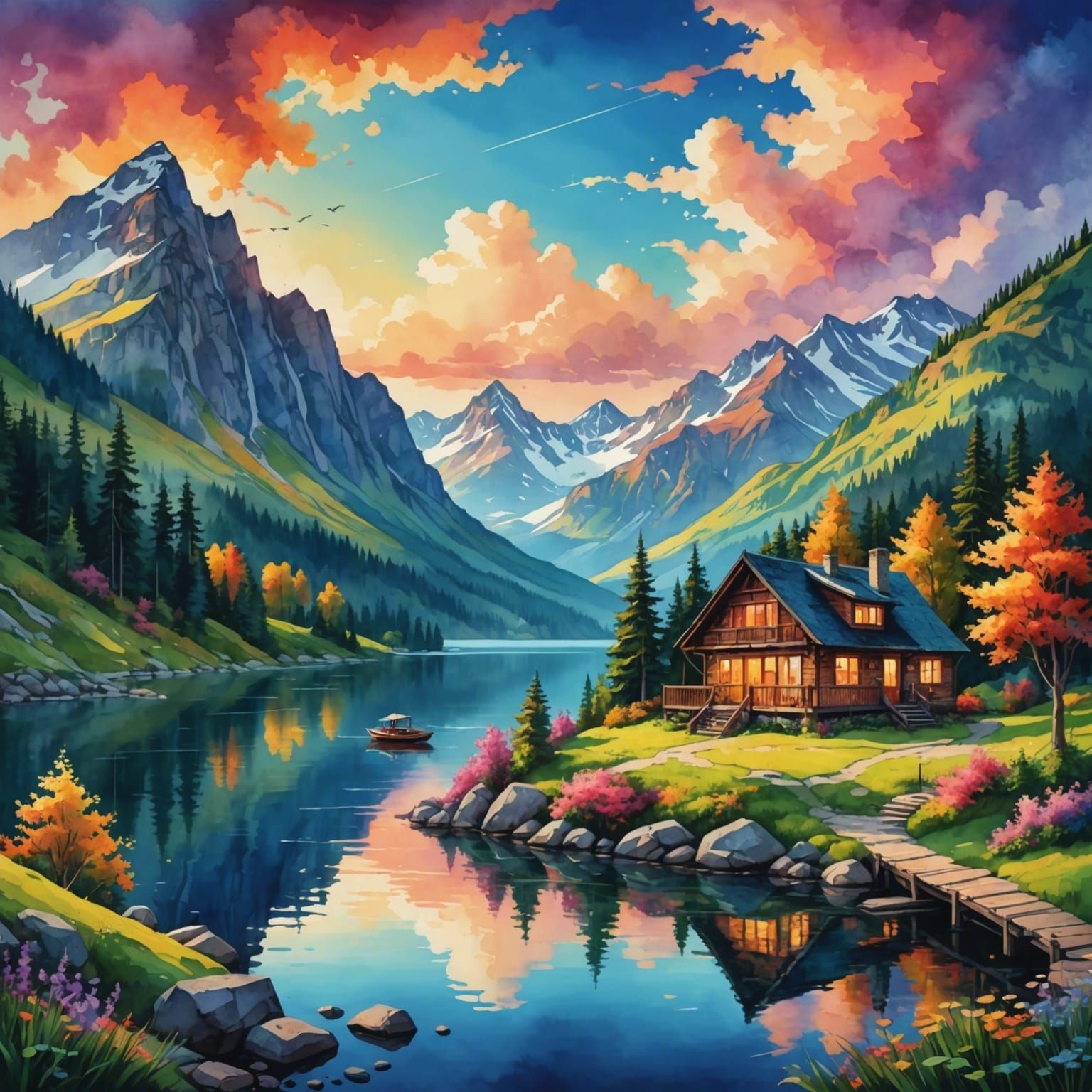A beautiful landscape overlooking the mountains and a lake, ...